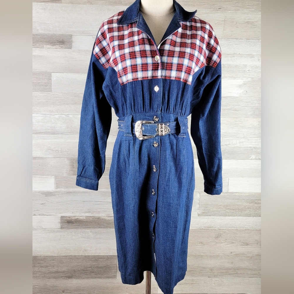 Vintage Carol Anderson Denim, Plaid Button Front Belted Dress Women's 5/6 USA - Picture 12 of 15
